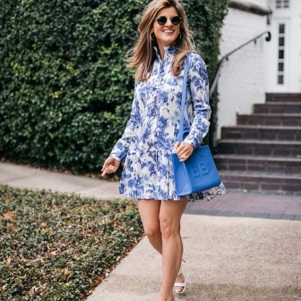 Tuckernuck Ivory Blue Iris Breeze Tate Long Sleeve Button Down Mini Dress Sz XXL